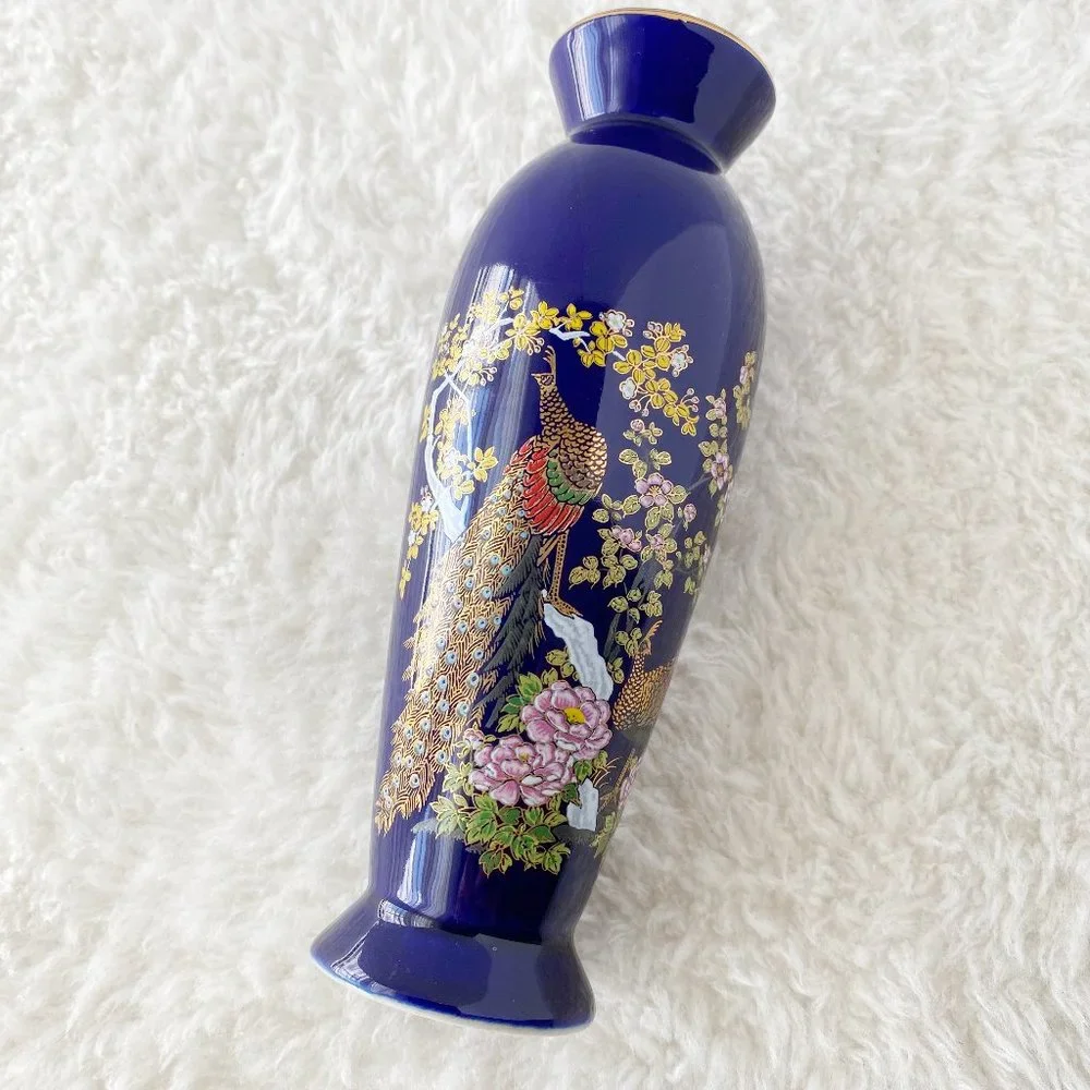 Asahi Japan Ceramic Vase, Cobalt Blue, Floral, Peacock